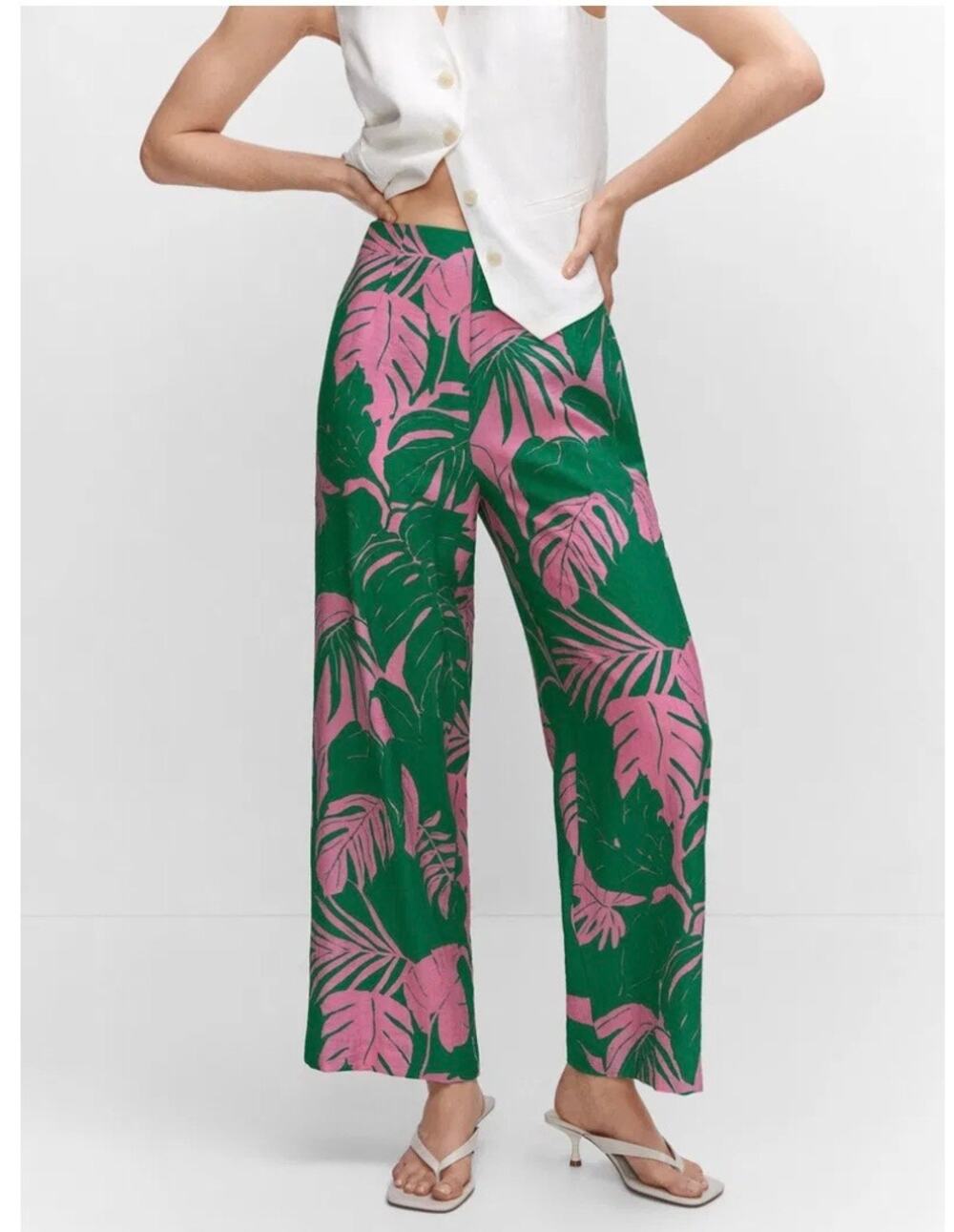 Mango Women's Green Pink Mila Palm Print Wide Leg Trousers Pants Size 10